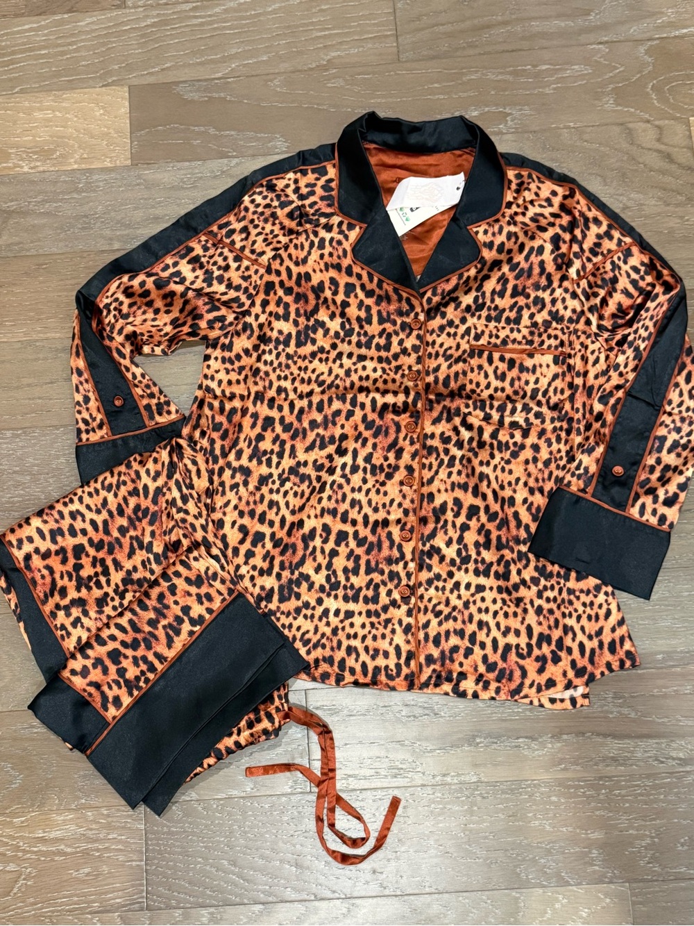 Leopard-Print Satin Pajama Set with Black Trim - Orange/Black